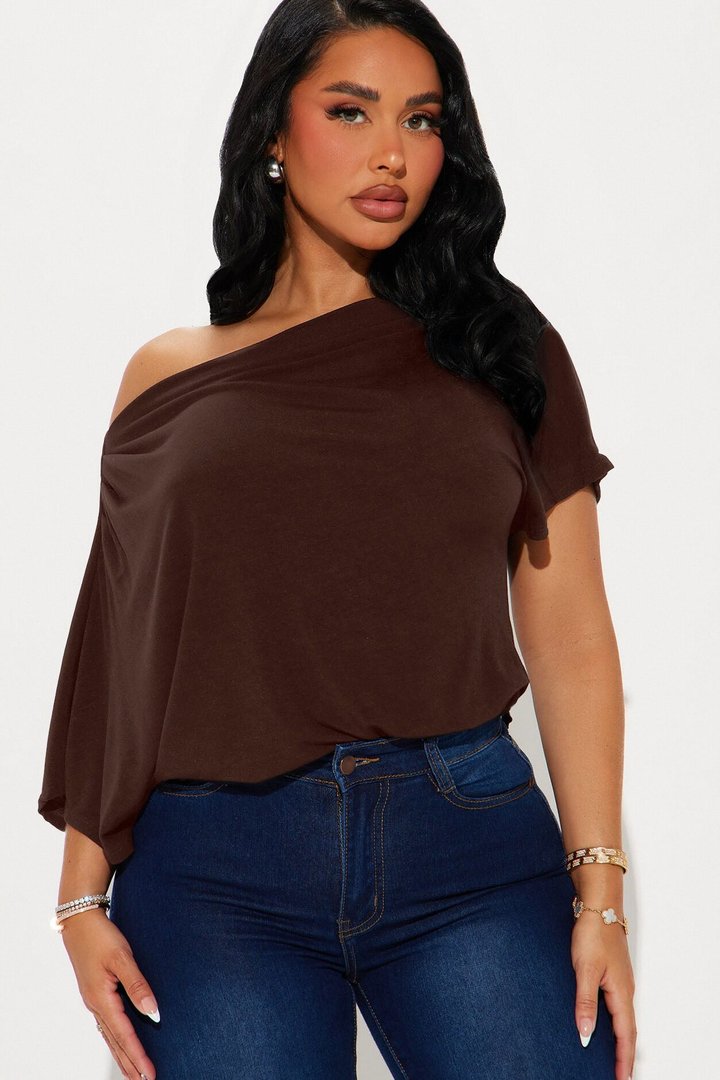 Flatter Me Off Shoulder Bodysuit - Brown