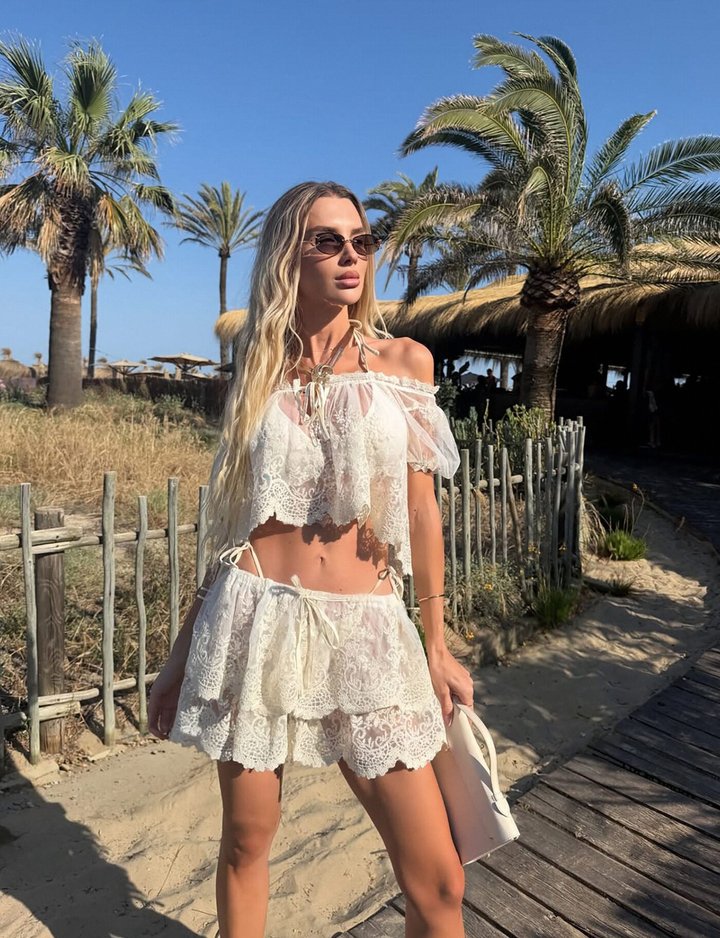 Blossom Mesh Embroidery Mini Skirt Set - Cream
