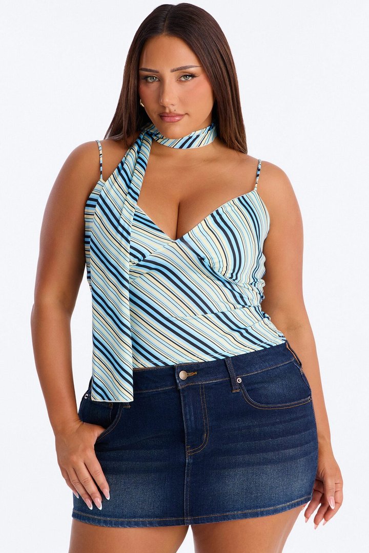 Elaina Striped V-Neck 2 Piece Top - Blue/combo
