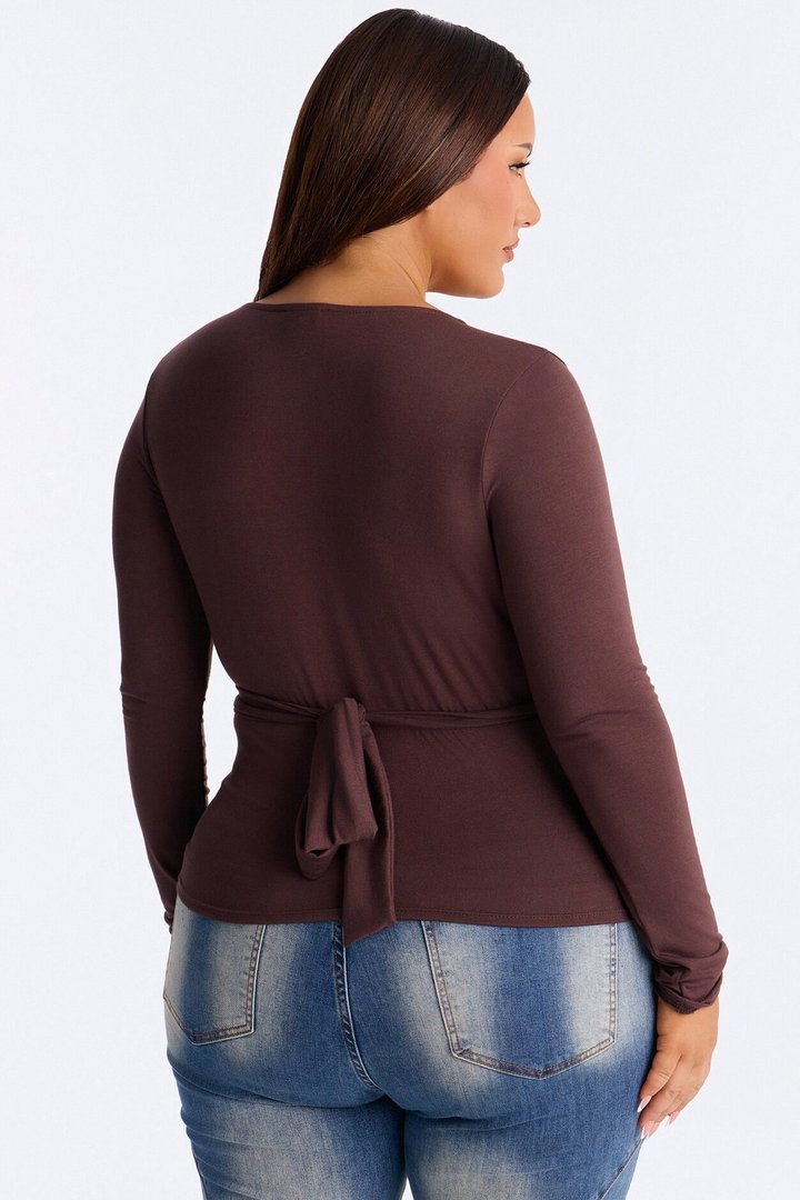 Jenni Back Tie Waist Long Sleeve Top - Chocolate