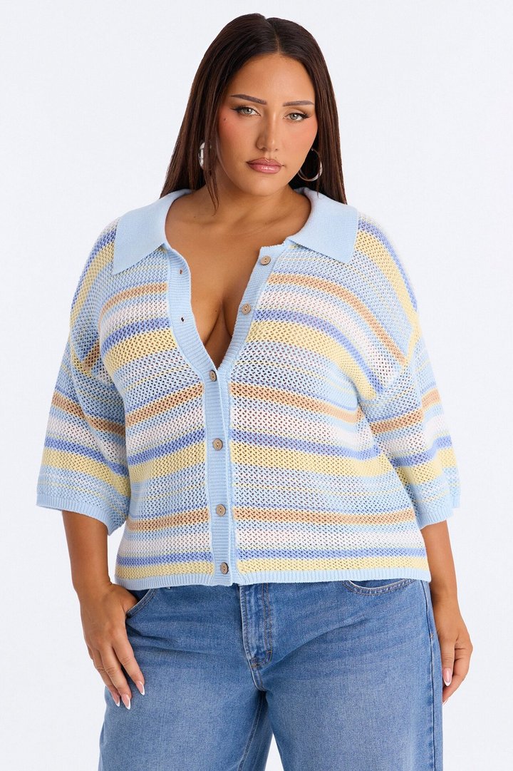 Solvita Striped Button Front Collared Crochet Top - Blue/combo