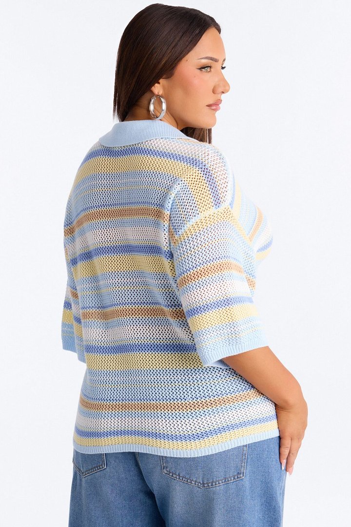 Solvita Striped Button Front Collared Crochet Top - Blue/combo