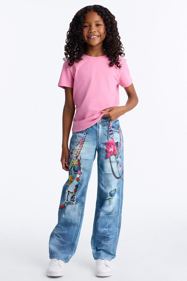 Mini Just Being Me Printed Straight Leg Jeans - Light Wash