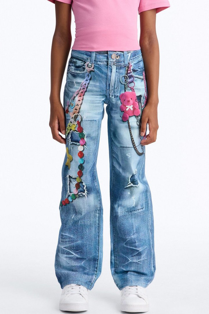 Mini Just Being Me Printed Straight Leg Jeans - Light Wash