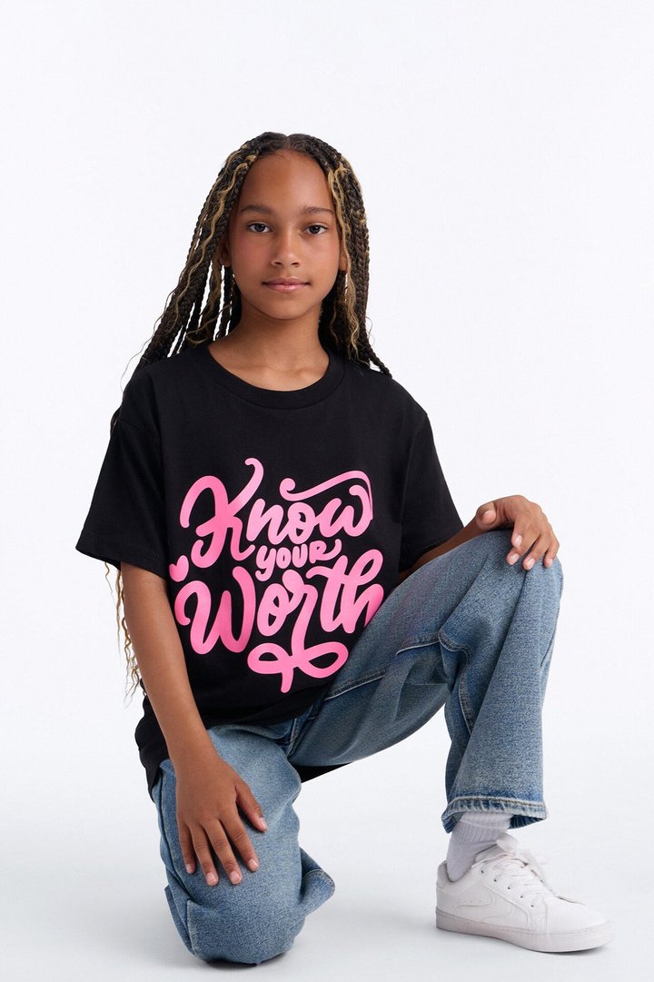 Mini Know Your Worth Short Sleeve Tee - Black