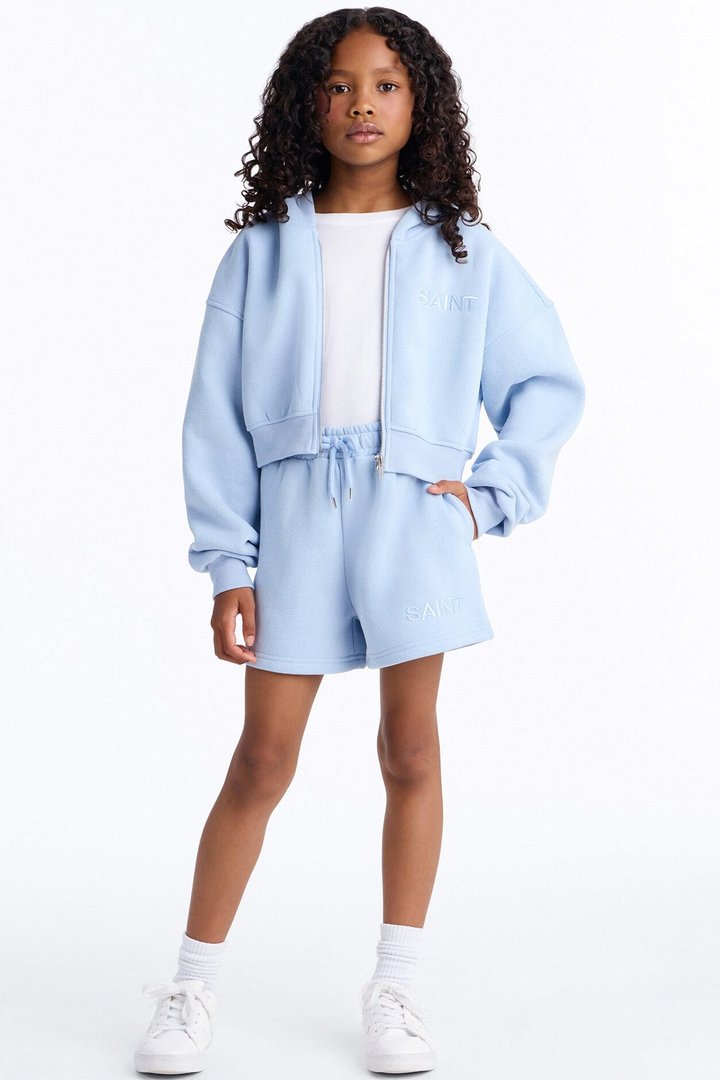 Mini She's A Saint Cropped Fleece Pant Set - Light Blue