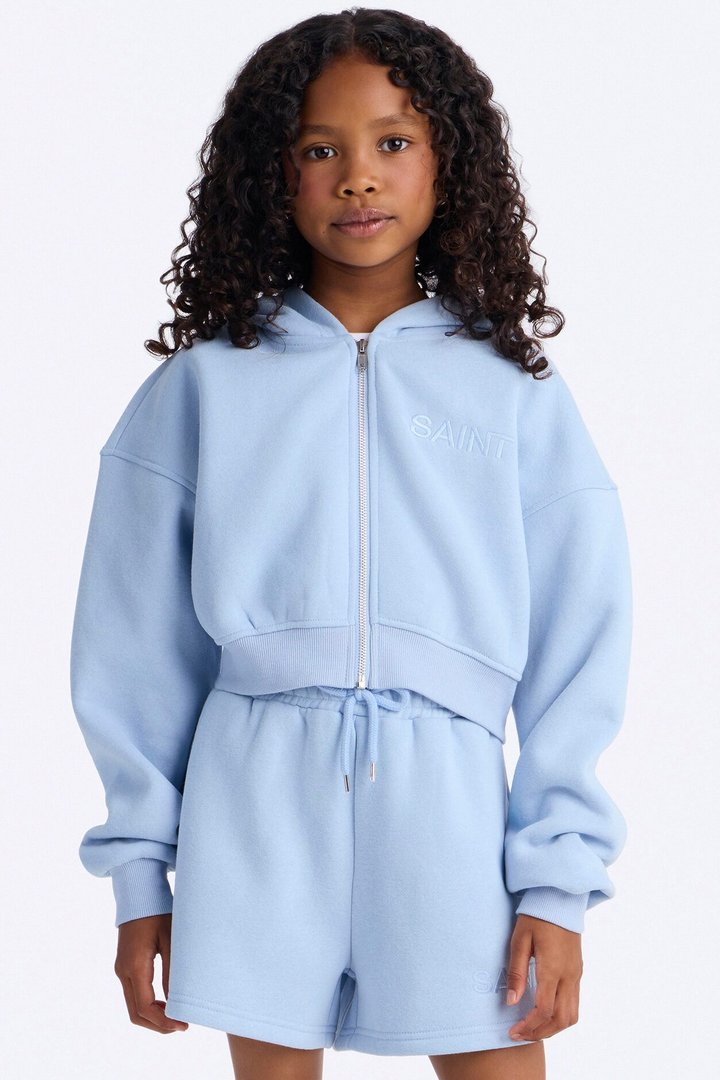 Mini She's A Saint Cropped Fleece Pant Set - Light Blue