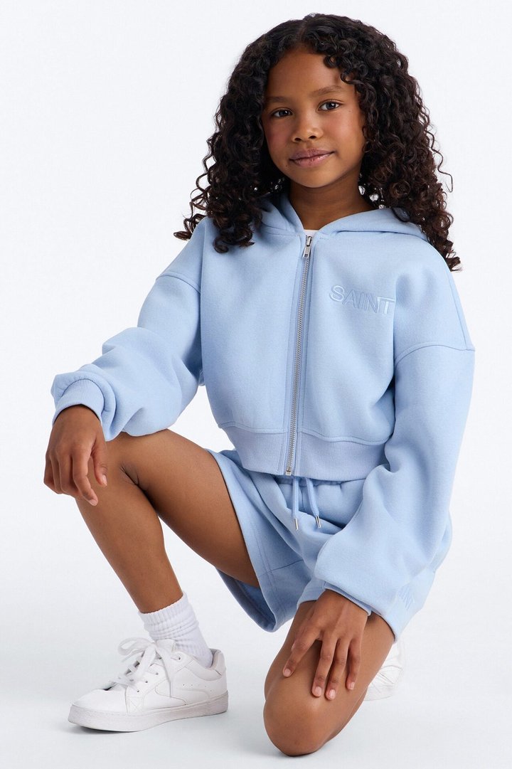 Mini She's A Saint Cropped Fleece Pant Set - Light Blue