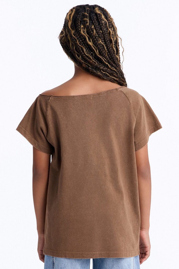 Mini Smiley Face Off Shoulder Tee - Brown