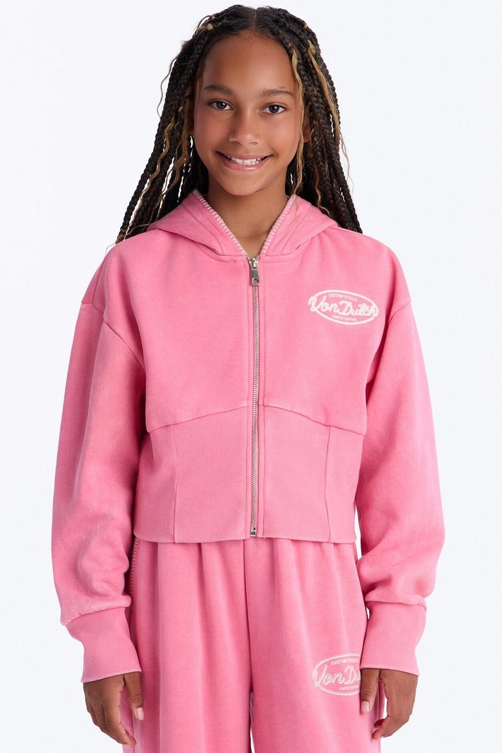 Mini Von Dutch Washed Faded Love Zip Up Sweatshirt - Pink