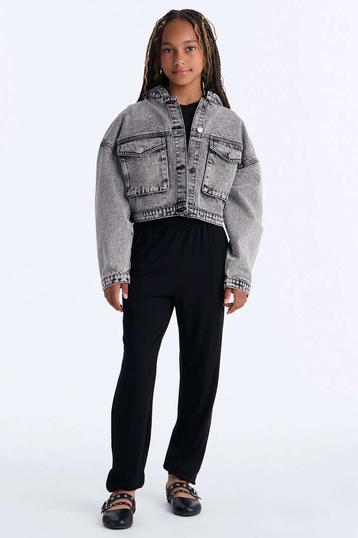 Mini No Explanation Hooded Denim Jacket - Acid Wash Grey