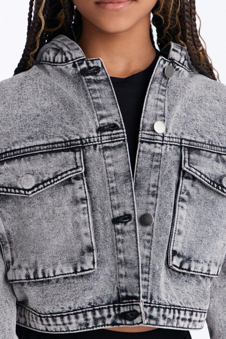 Mini No Explanation Hooded Denim Jacket - Acid Wash Grey