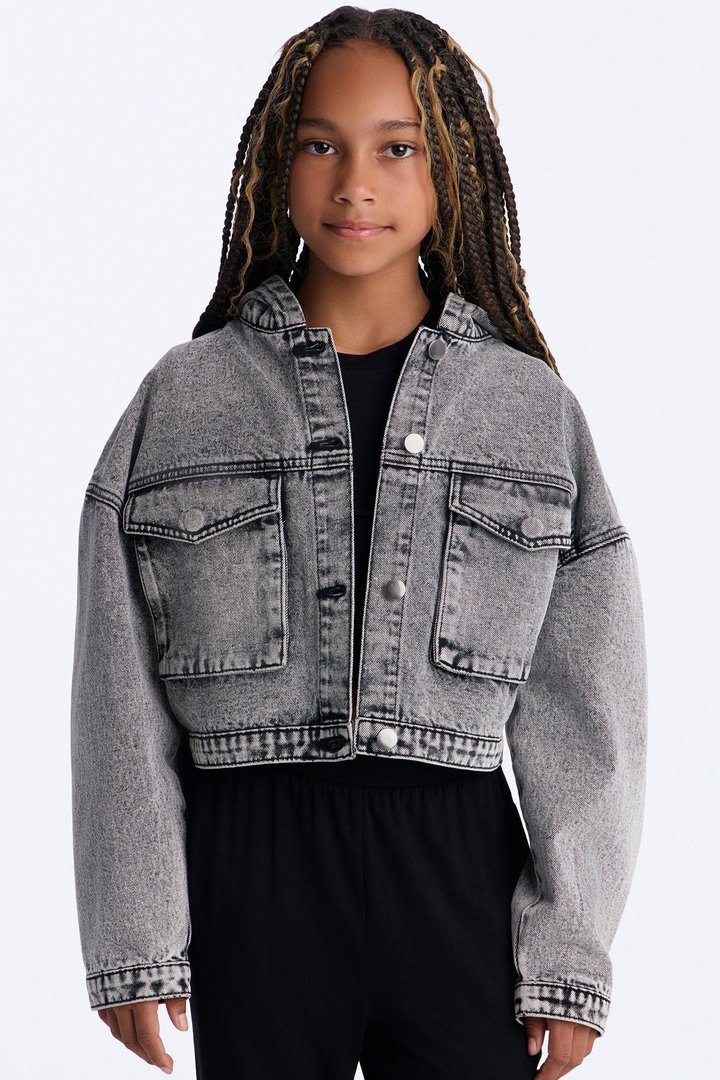 Mini No Explanation Hooded Denim Jacket - Acid Wash Grey