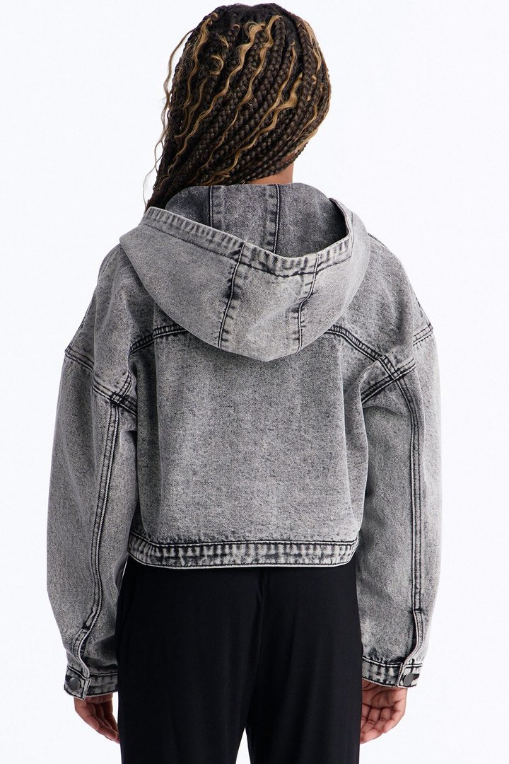 Mini No Explanation Hooded Denim Jacket - Acid Wash Grey