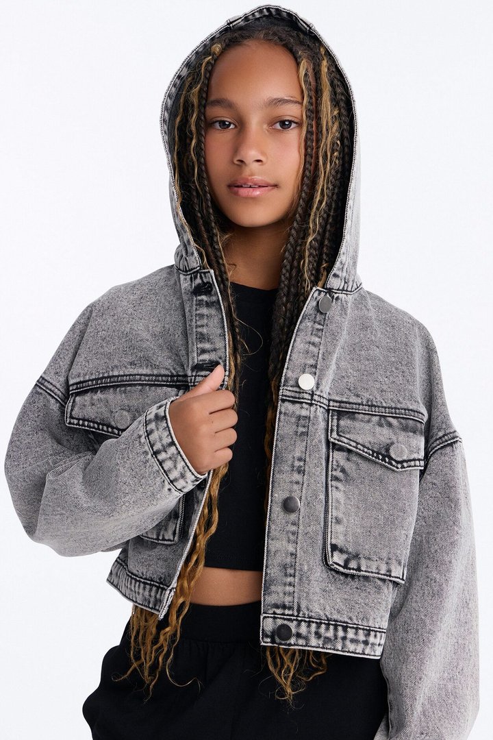 Mini No Explanation Hooded Denim Jacket - Acid Wash Grey