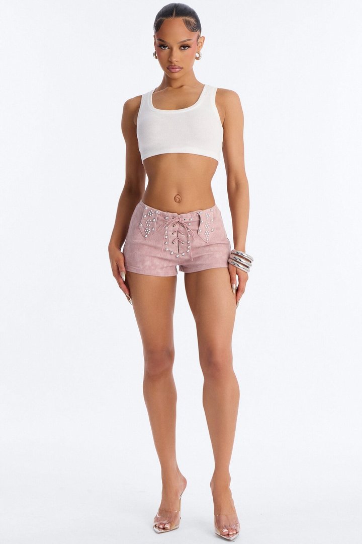 Out West Washed Twill Studded Lace Up Micro Short - Pink