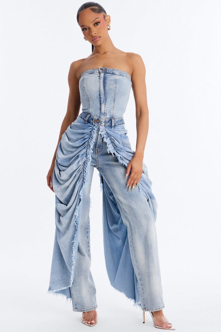 Center Stage Skirt Train Strapless Denim Jumpsuit - MediumWash