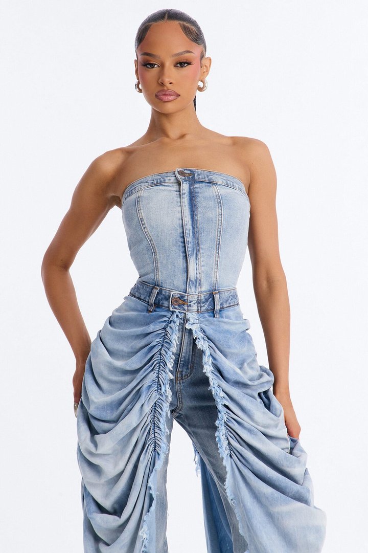 Center Stage Skirt Train Strapless Denim Jumpsuit - MediumWash