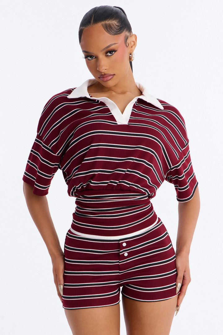 Maddie Cinched Striped Short Set - Burgundy/combo
