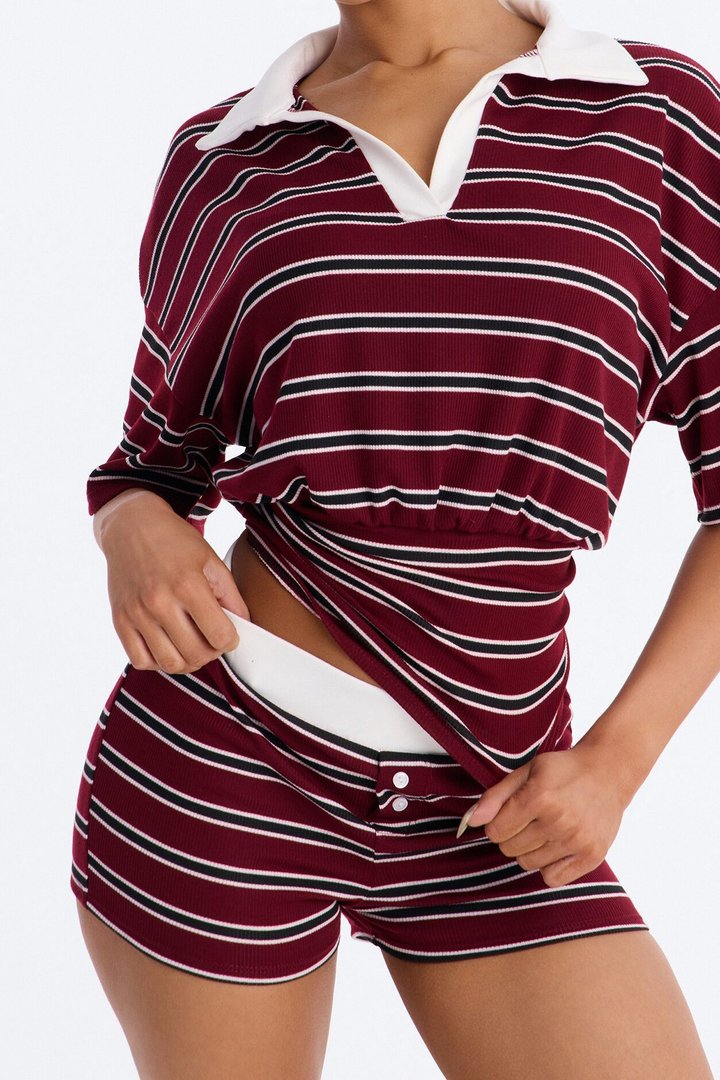 Maddie Cinched Striped Short Set - Burgundy/combo