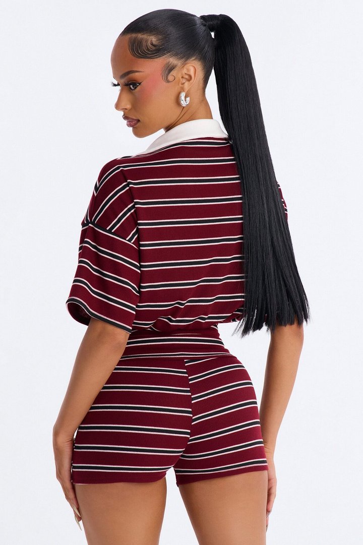 Maddie Cinched Striped Short Set - Burgundy/combo