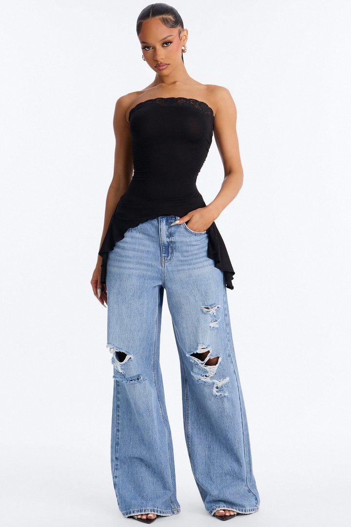 Rosalie Lace Trim Asymmetrical Tube Top - Black