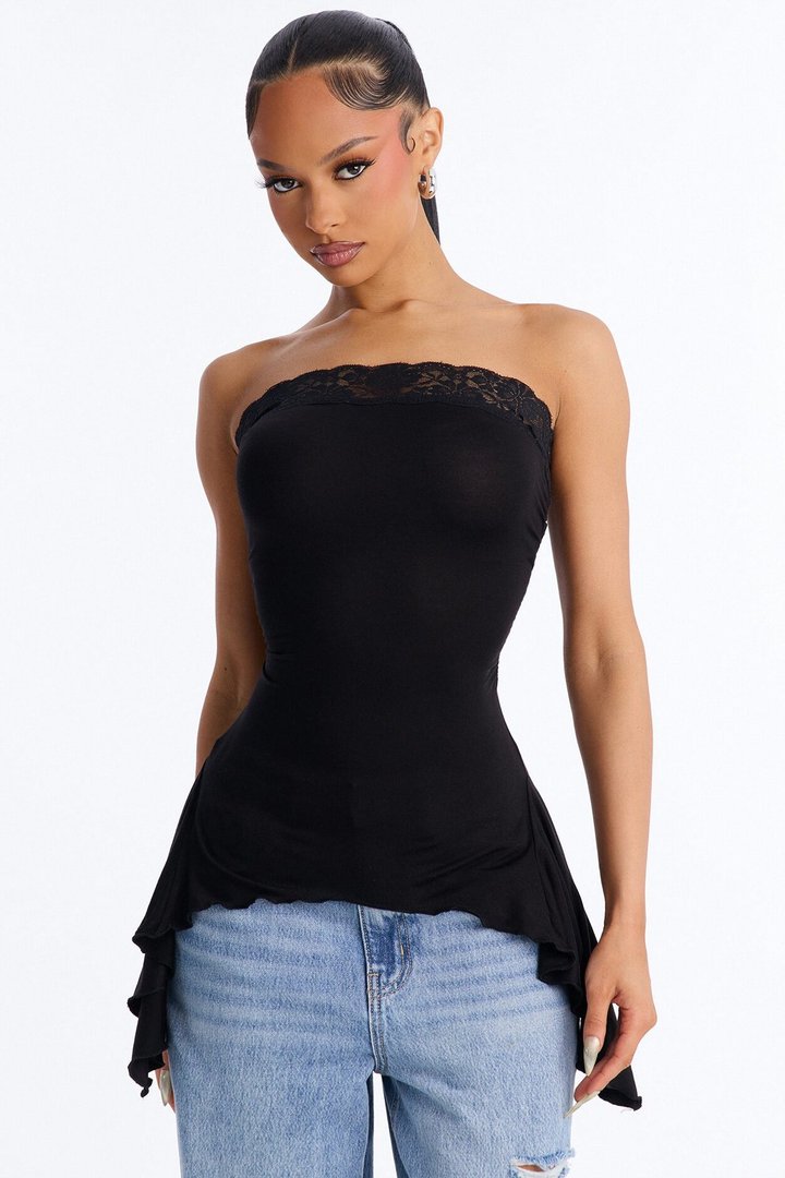 Rosalie Lace Trim Asymmetrical Tube Top - Black