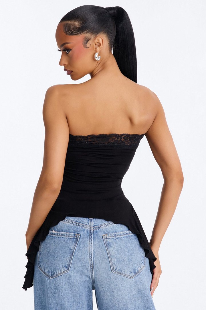Rosalie Lace Trim Asymmetrical Tube Top - Black