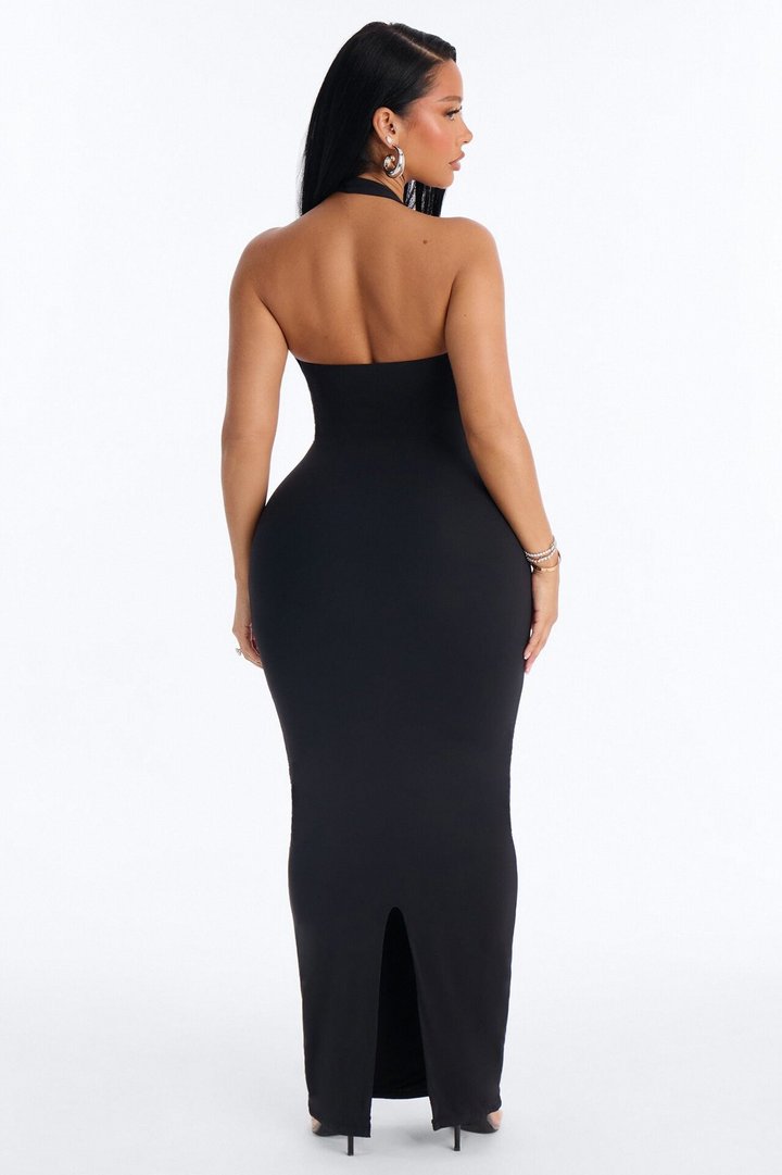 Second Skin Bra Pad Sleeveless Halter Maxi Dress - Black