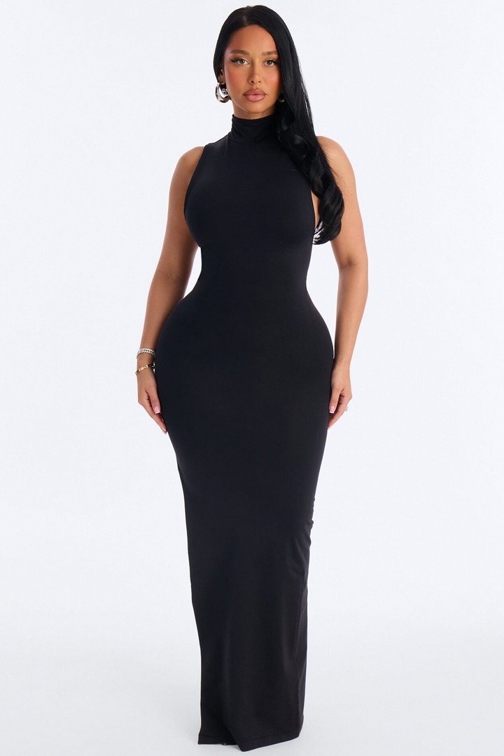 Seamless Smooth Double Lined High Neck Sleeveless Maxi Dress - Black