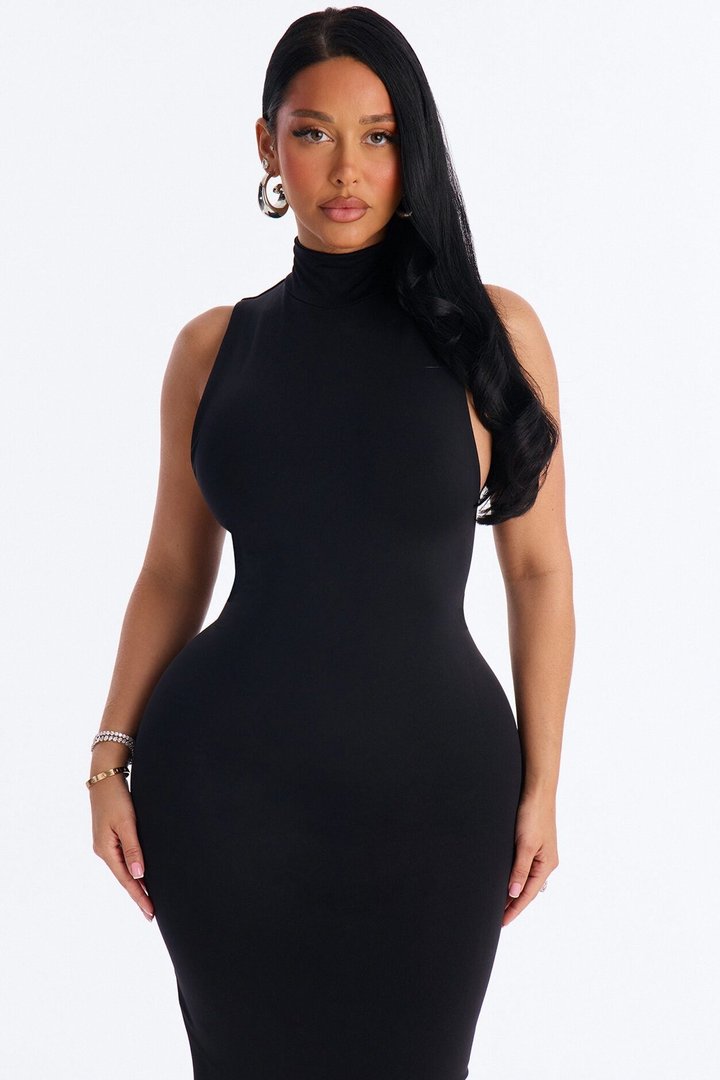 Seamless Smooth Double Lined High Neck Sleeveless Maxi Dress - Black