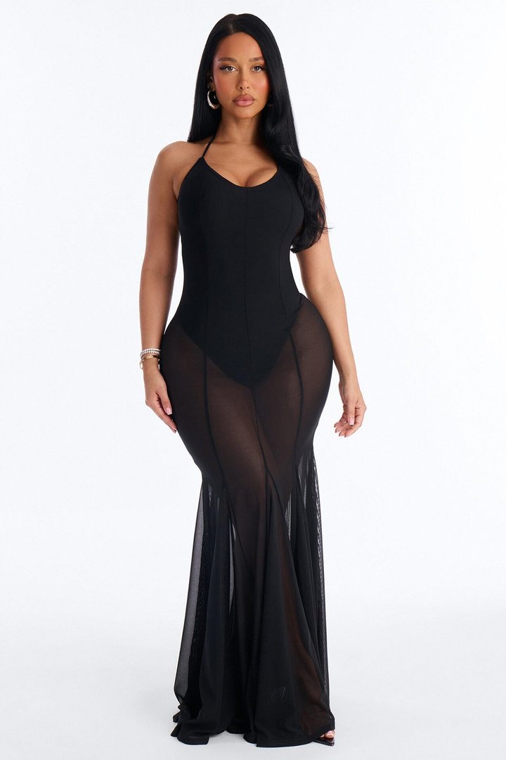 Power Mesh V Neck Halter Maxi Dress - Black