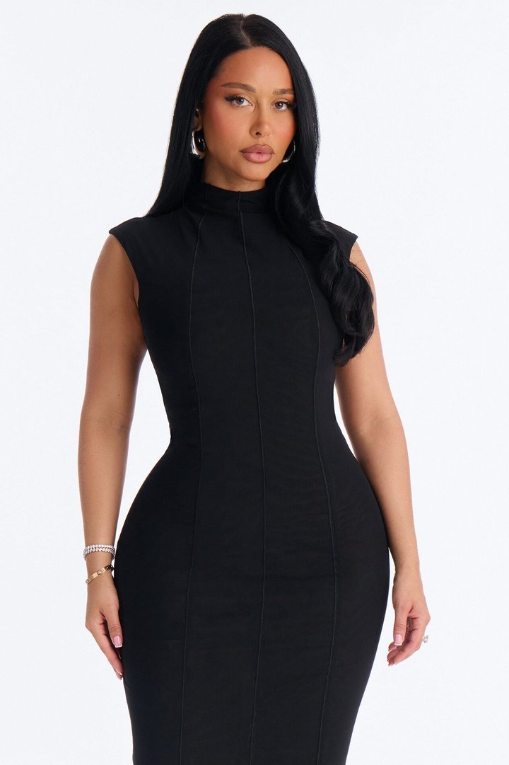 Power Mesh Double Lined Mock Neck Sleeveless Maxi Dress - Black