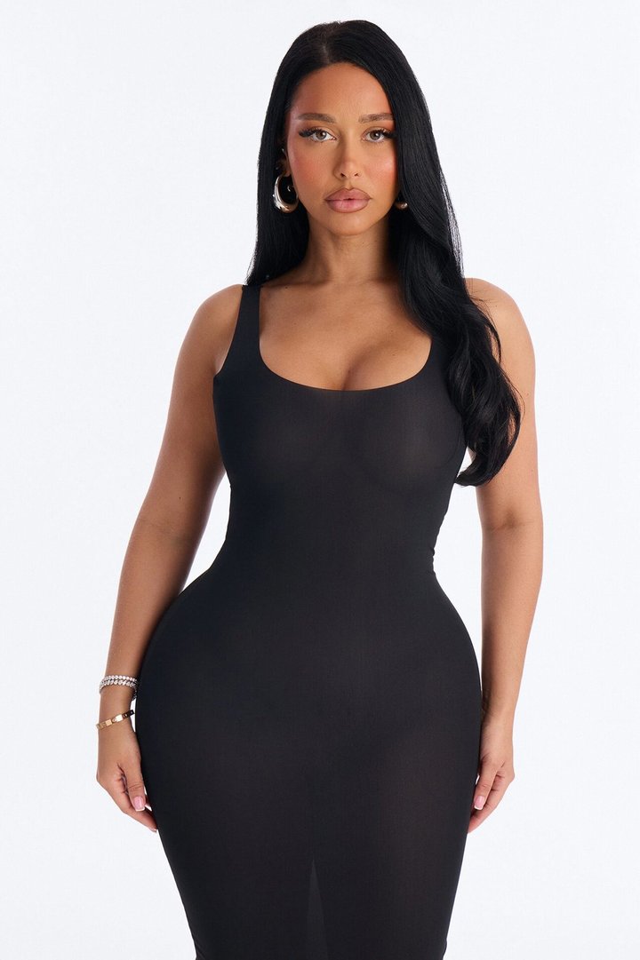 Power Mesh Low Scoop Back Sleeveless Maxi Dress - Black