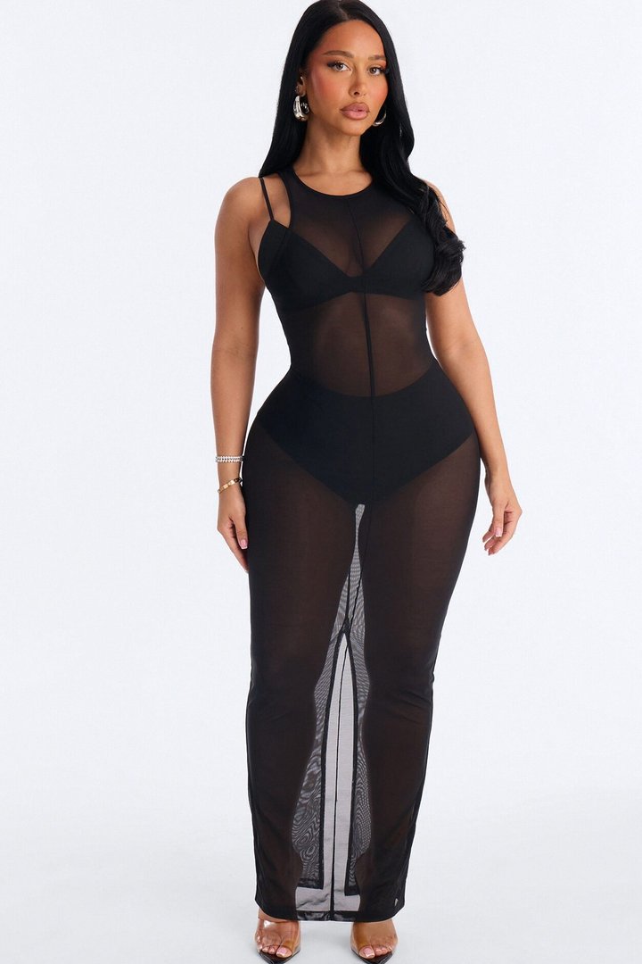 Power Mesh Sleeveless 3 Piece Maxi Dress Set - Black