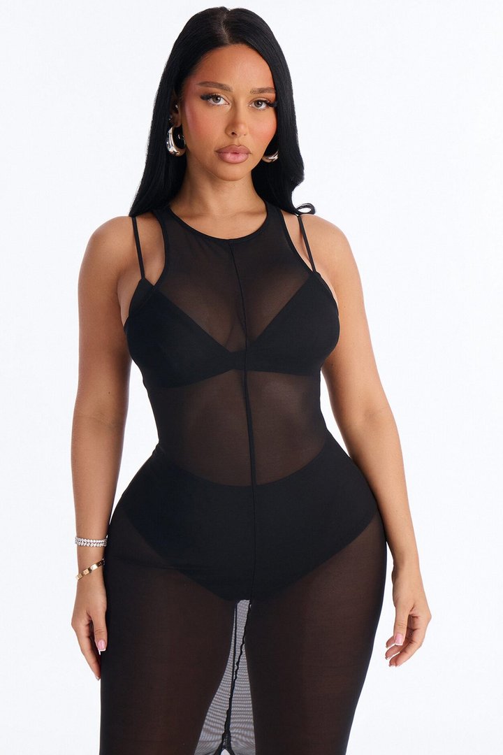 Power Mesh Sleeveless 3 Piece Maxi Dress Set - Black