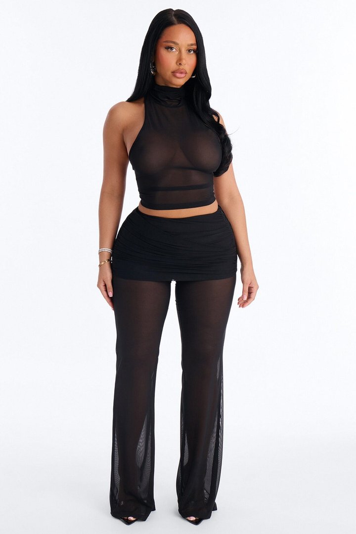 Power Mesh High Neck Thin Racerback Sleeveless Top - Black