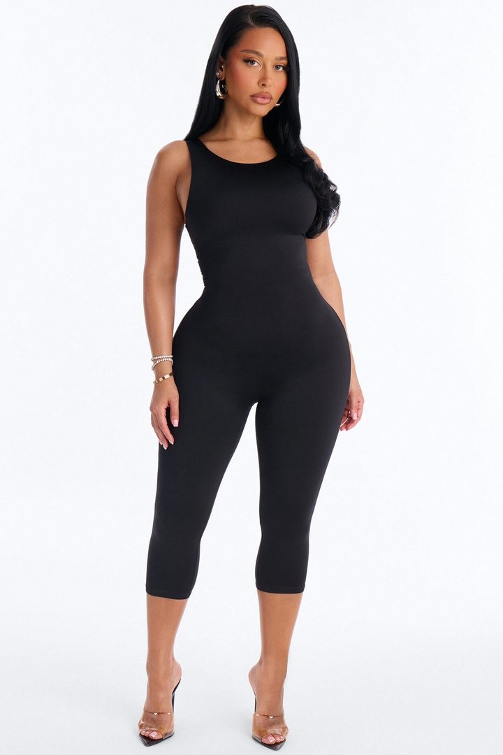 Contour Double Lined Low Back Capri Jumpsuit - Black