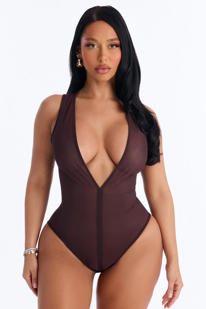 Power Mesh Deep V Neck Sleeveless Bodysuit - Chocolate
