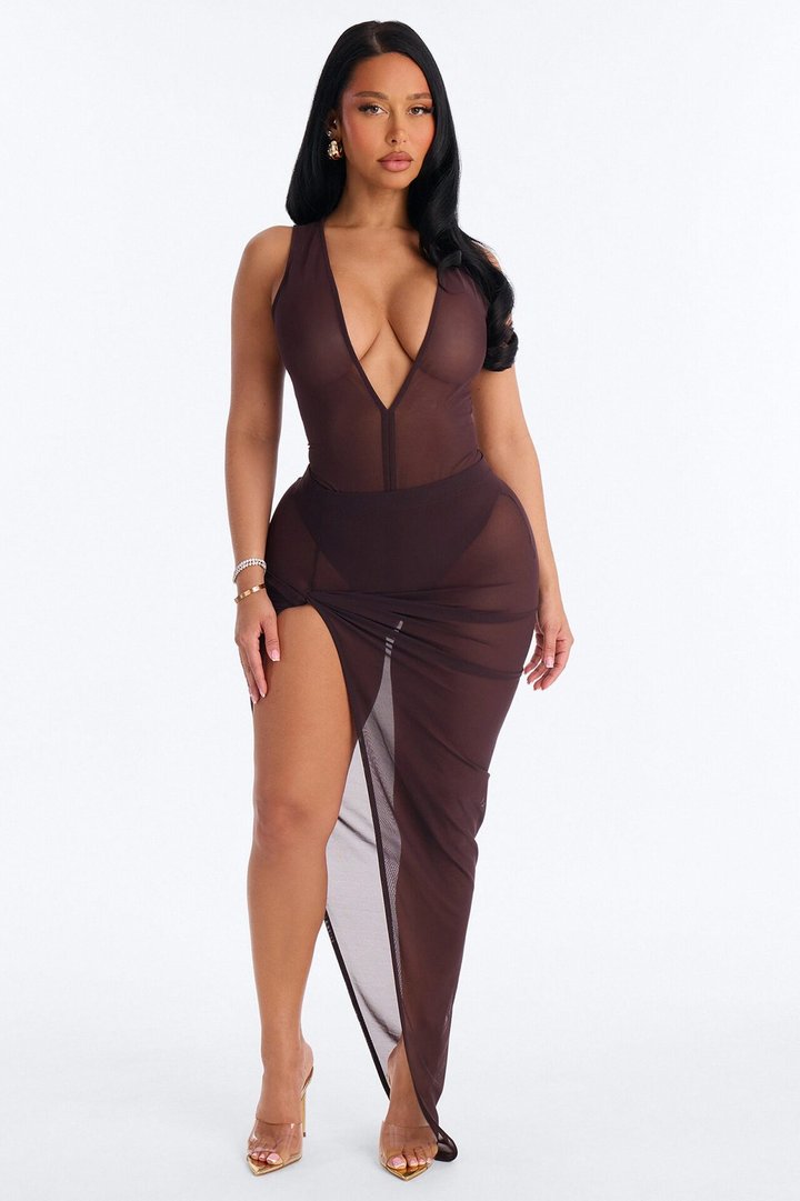 Power Mesh Ruched Twist High Slit Maxi Skirt - Chocolate