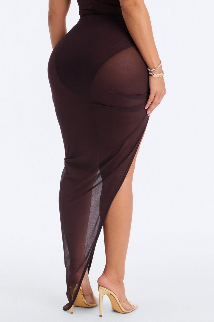Power Mesh Ruched Twist High Slit Maxi Skirt - Chocolate