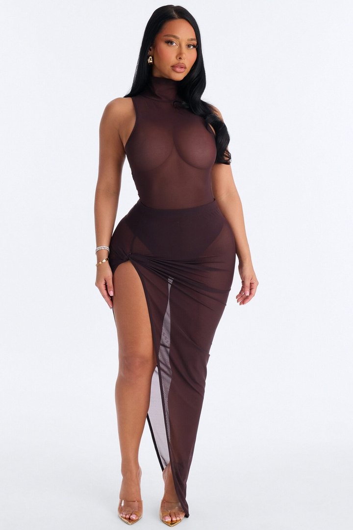 Power Mesh Turtle Neck Sleeveless Bodysuit - Chocolate