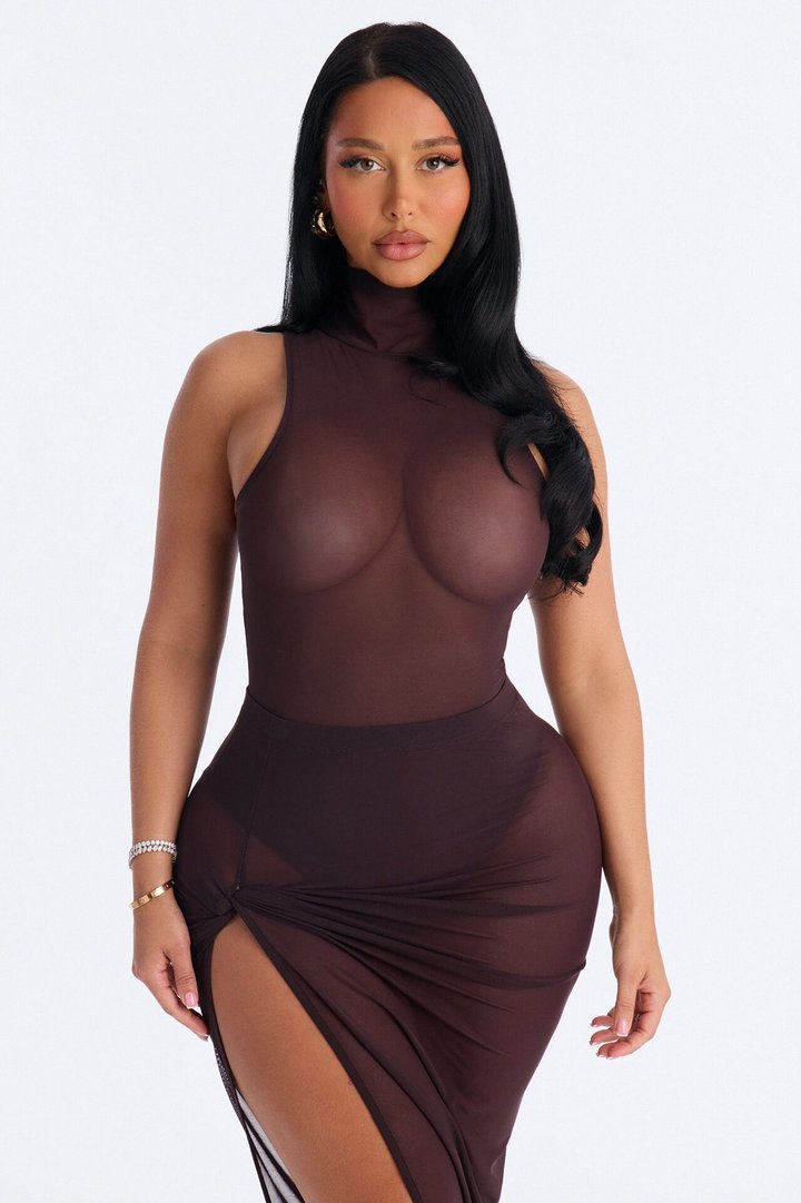 Power Mesh Turtle Neck Sleeveless Bodysuit - Chocolate
