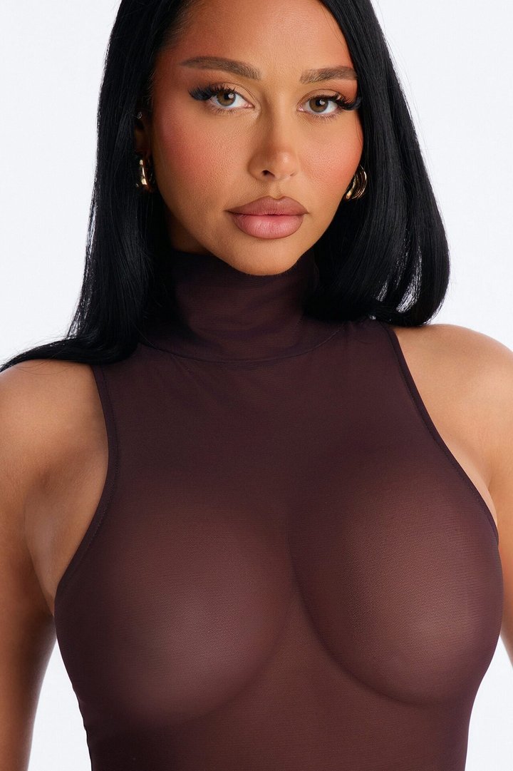 Power Mesh Turtle Neck Sleeveless Bodysuit - Chocolate