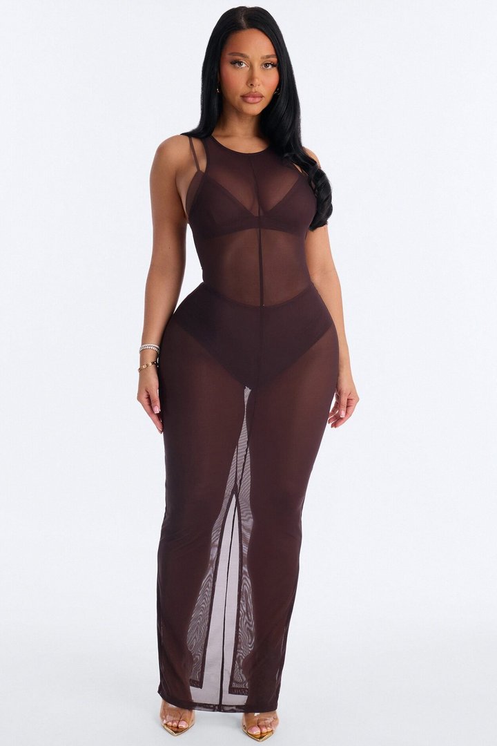 Power Mesh Sleeveless 3 Piece Maxi Dress Set - Chocolate