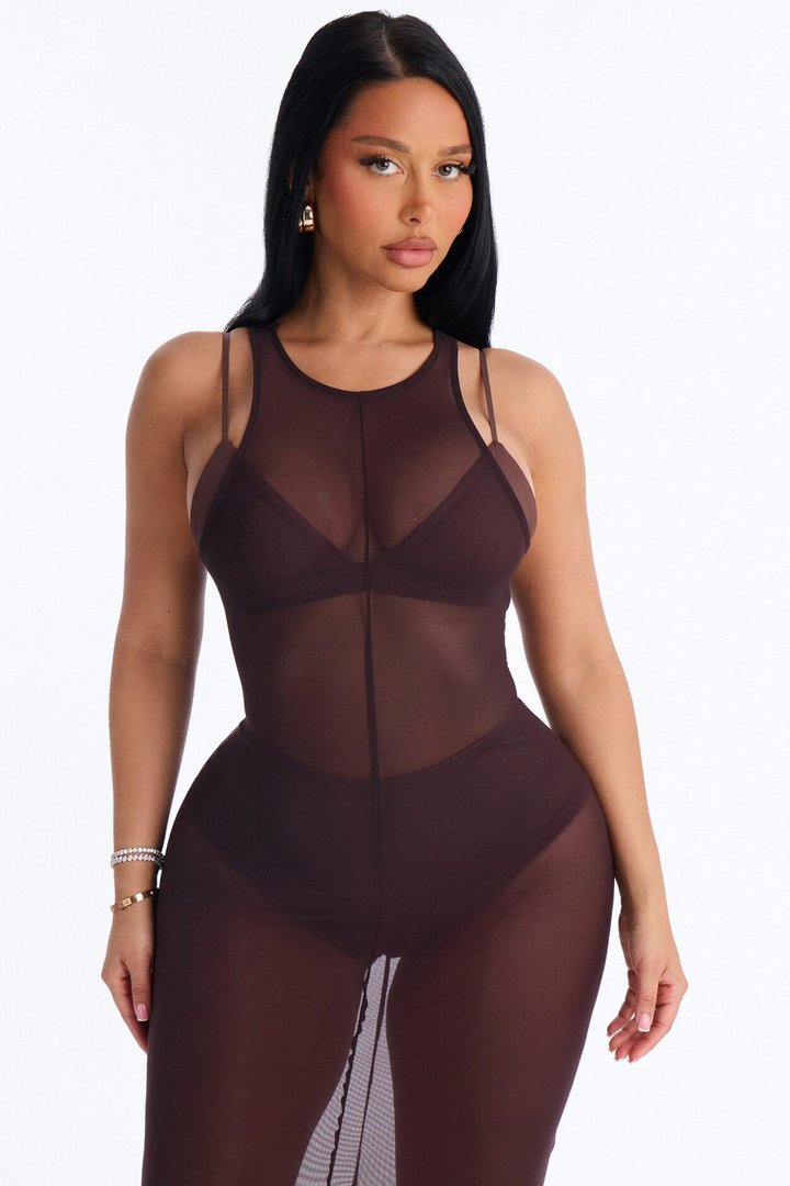 Power Mesh Sleeveless 3 Piece Maxi Dress Set - Chocolate