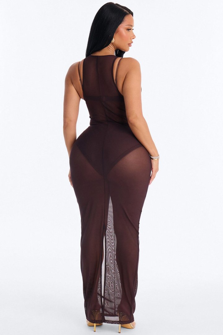 Power Mesh Sleeveless 3 Piece Maxi Dress Set - Chocolate