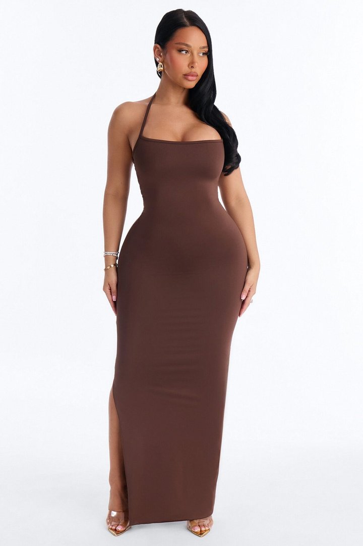 Contour Double Lined Halter Maxi Dress - Chocolate