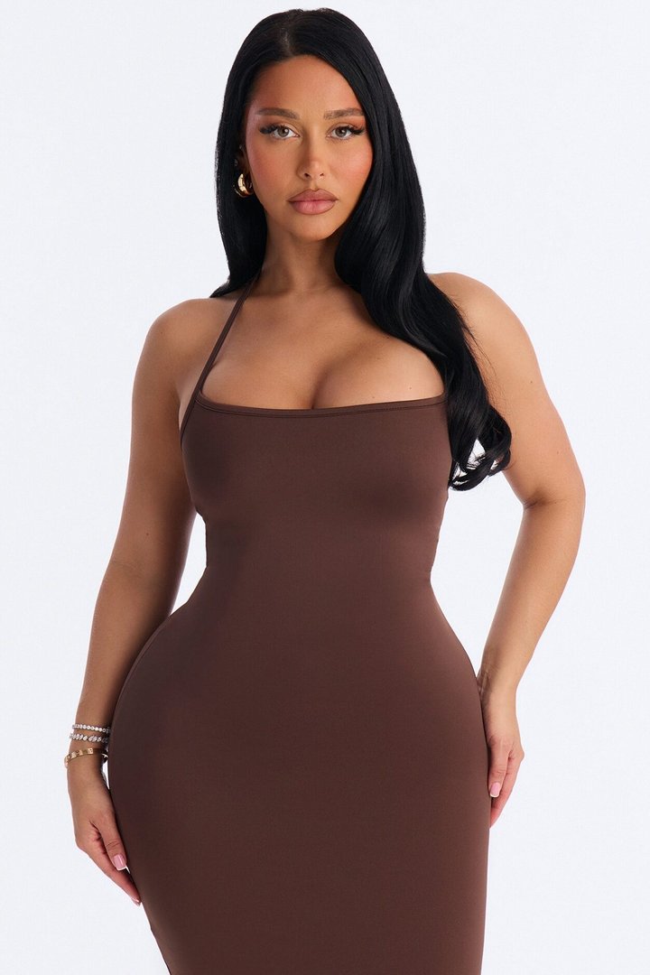 Contour Double Lined Halter Maxi Dress - Chocolate