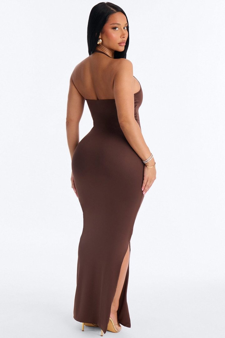Contour Double Lined Halter Maxi Dress - Chocolate